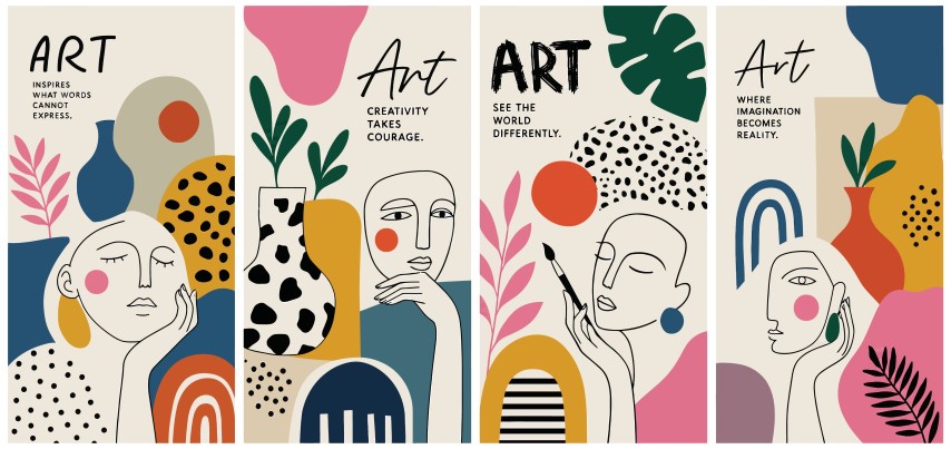 Abstract contemporary art posters set with geometric shapes and human profiles.